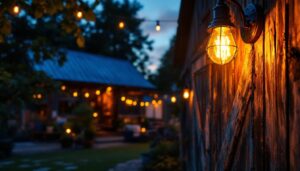 A photograph of a beautifully designed vintage outdoor barn light illuminating a rustic barn setting at dusk
