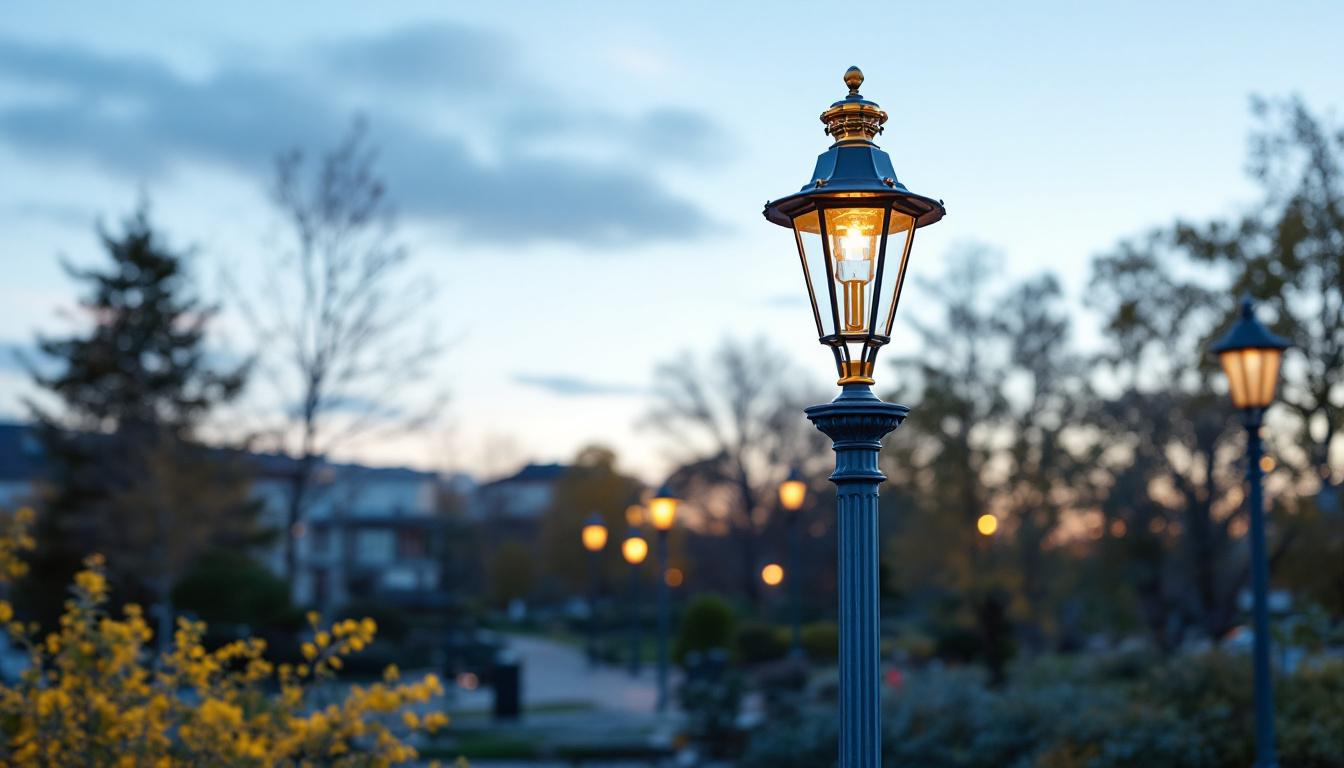 A photograph of a stylish metal lamp post in an outdoor urban setting