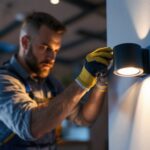 A photograph of a lighting contractor expertly installing or adjusting a sleek led canister light in a modern residential setting