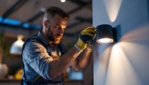 A photograph of a lighting contractor expertly installing or adjusting a sleek led canister light in a modern residential setting