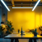 A photograph of a modern workspace or commercial environment showcasing t8 led light tubes illuminating the space