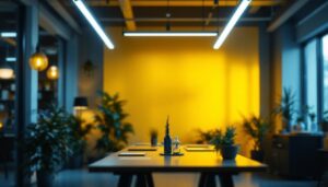 A photograph of a modern workspace or commercial environment showcasing t8 led light tubes illuminating the space