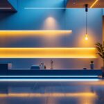 A photograph of a modern lighting installation in a stylish interior space