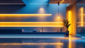 A photograph of a modern lighting installation in a stylish interior space