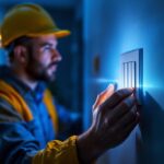 A photograph of a skilled lighting contractor installing or adjusting a three-toggle light switch in a well-lit