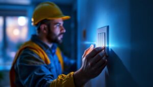 A photograph of a skilled lighting contractor installing or adjusting a three-toggle light switch in a well-lit