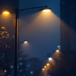 A photograph of a well-lit urban street scene featuring a prominent 20-foot street light pole