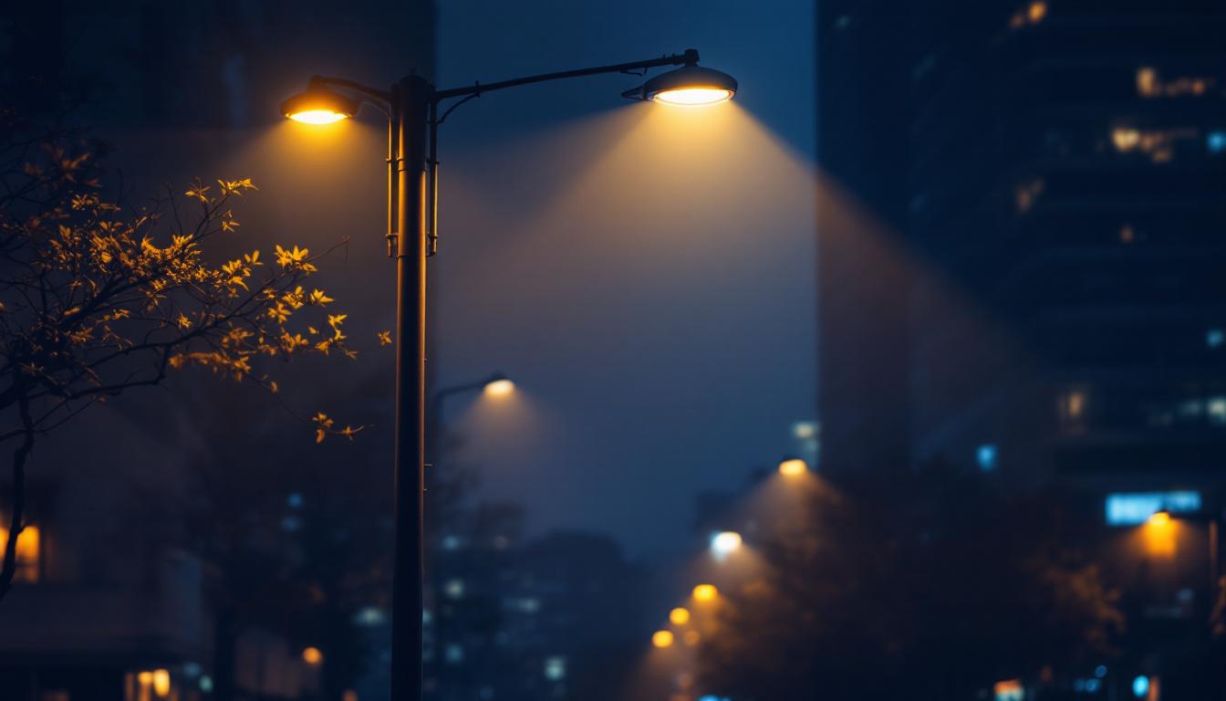 A photograph of a well-lit urban street scene featuring a prominent 20-foot street light pole