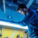 A photograph of a lighting contractor installing 4-ft led lights in a commercial space