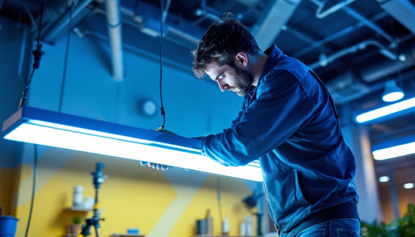 A photograph of a lighting contractor installing 4-ft led lights in a commercial space
