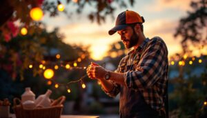 A photograph of a skilled light stringer meticulously installing vibrant string lights in a beautifully decorated outdoor space
