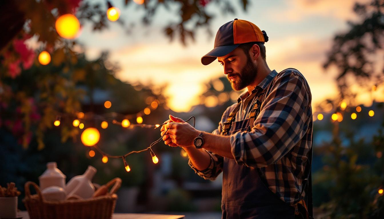 A photograph of a skilled light stringer meticulously installing vibrant string lights in a beautifully decorated outdoor space