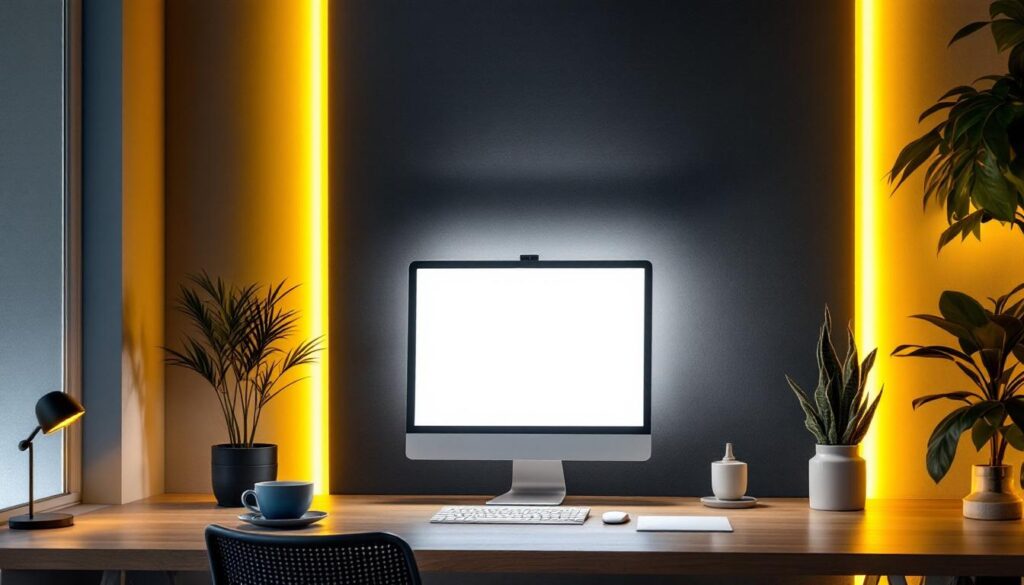 A photograph of a modern workspace or home interior illuminated by sleek