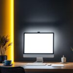 A photograph of a modern workspace or home interior illuminated by sleek