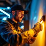A photograph of a lighting contractor expertly installing commercial led lighting strips in a modern workspace