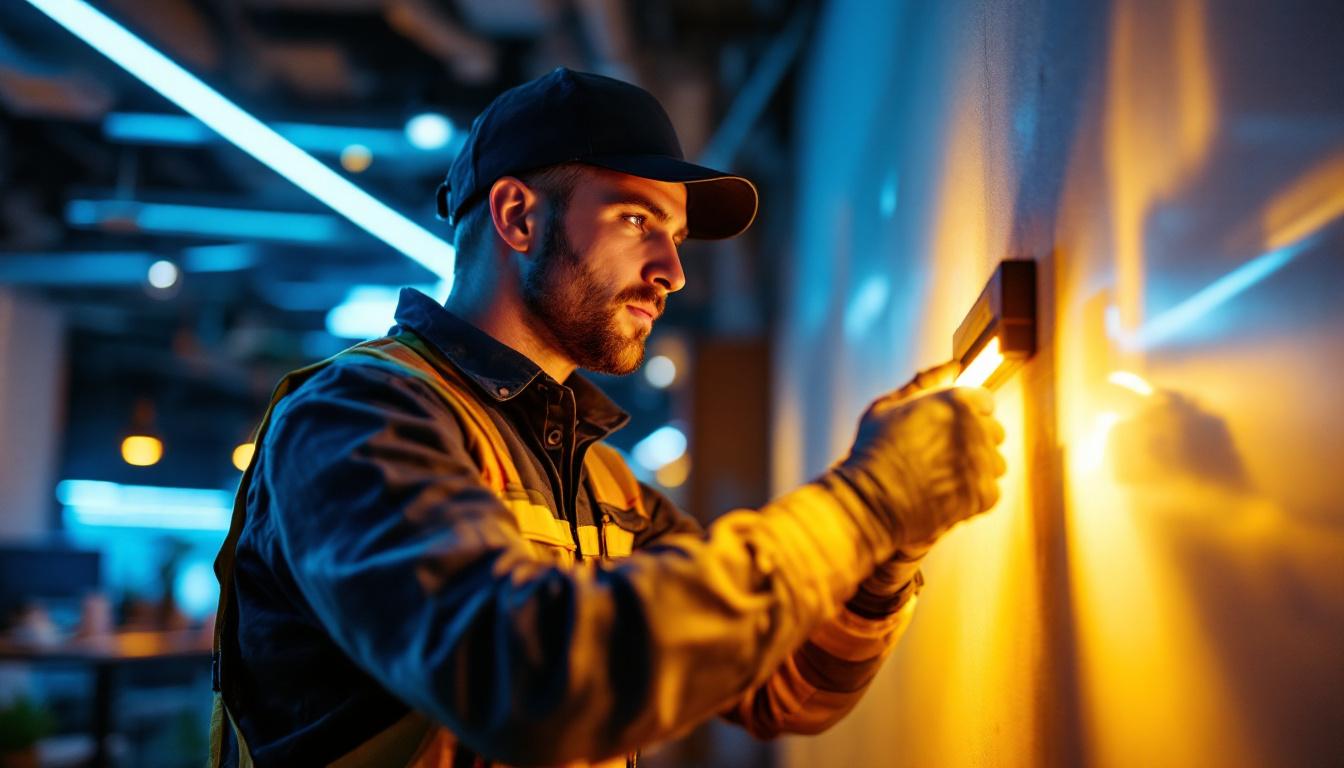 A photograph of a lighting contractor expertly installing commercial led lighting strips in a modern workspace