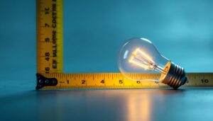 A photograph of capture a photograph of an a19 light bulb next to a measuring tape or ruler
