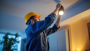A photograph of a skilled lighting contractor expertly installing or adjusting a spot flood light in a residential or commercial setting
