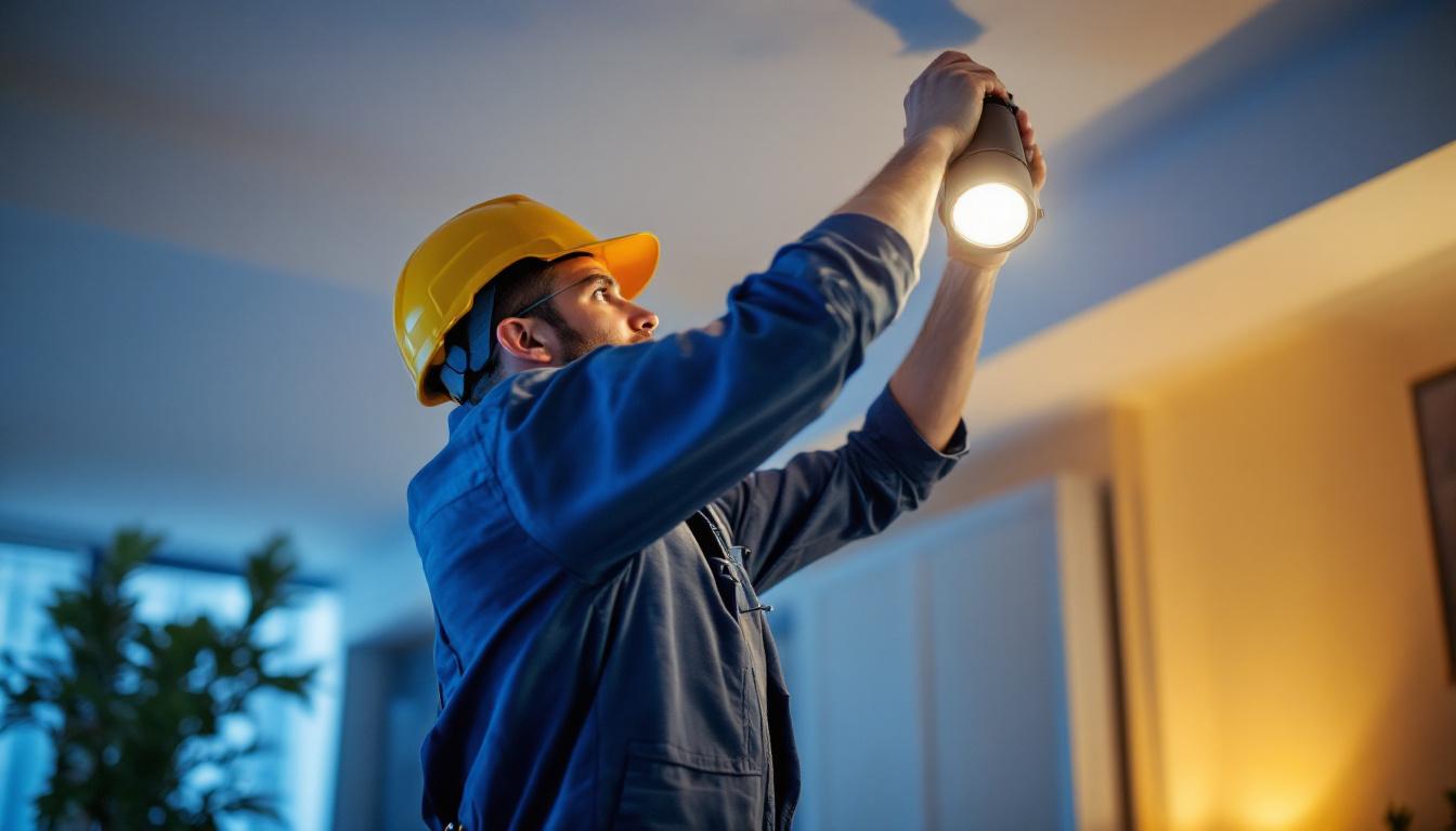 A photograph of a skilled lighting contractor expertly installing or adjusting a spot flood light in a residential or commercial setting
