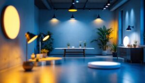 A photograph of a well-lit interior space showcasing various led surface lights in use