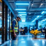A photograph of a modern office space illuminated by sleek 2x4 led office lights