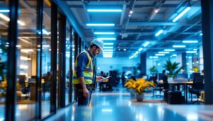 A photograph of a modern office space illuminated by sleek 2x4 led office lights