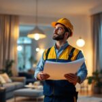 A photograph of a lighting contractor inspecting a well-lit residential or commercial space