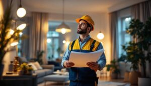 A photograph of a lighting contractor inspecting a well-lit residential or commercial space