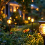 A photograph of a beautifully illuminated garden at dusk