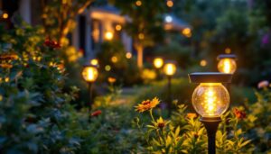 A photograph of a beautifully illuminated garden at dusk