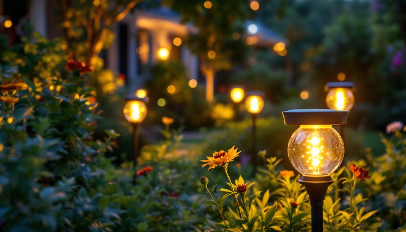 A photograph of a beautifully illuminated garden at dusk
