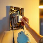 A photograph of a skilled lighting contractor expertly installing a modern lighting switch box in a stylishly designed home setting