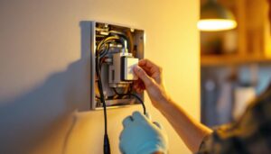 A photograph of a skilled lighting contractor expertly installing a modern lighting switch box in a stylishly designed home setting