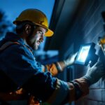 A photograph of a lighting contractor expertly installing flood lights on a residential or commercial property at dusk