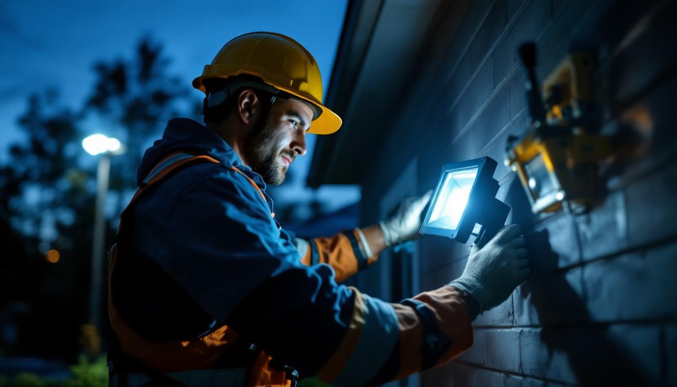 A photograph of a lighting contractor expertly installing flood lights on a residential or commercial property at dusk