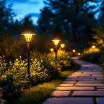 A photograph of a beautifully illuminated garden pathway featuring bright solar path lights