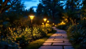 A photograph of a beautifully illuminated garden pathway featuring bright solar path lights