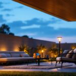 A photograph of a modern outdoor setting illuminated by innovative solar lights