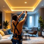 A photograph of a lighting contractor installing recessed led lights in a modern residential space