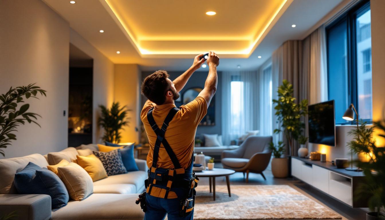 A photograph of a lighting contractor installing recessed led lights in a modern residential space