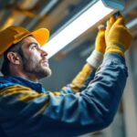 A photograph of a skilled lighting contractor installing a fluorescent light fixture in a well-lit room
