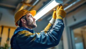 A photograph of a skilled lighting contractor installing a fluorescent light fixture in a well-lit room