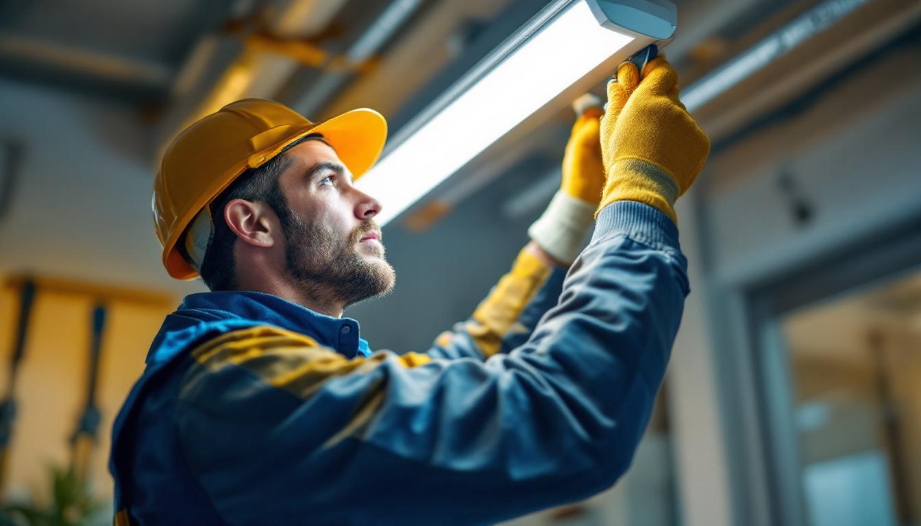 A photograph of a skilled lighting contractor installing a fluorescent light fixture in a well-lit room