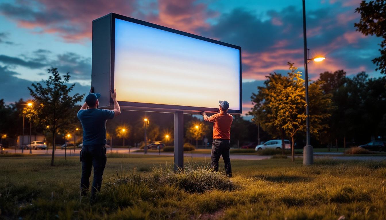 A photograph of a vibrant outdoor scene featuring a well-lit led sign at dusk