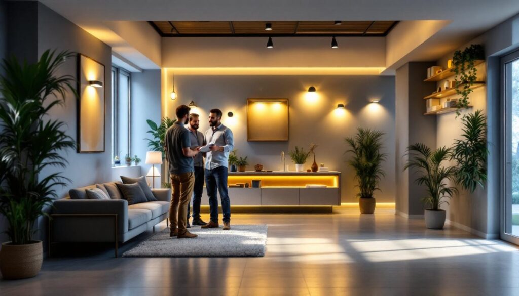 A photograph of a well-lit basement space showcasing a variety of stylish lighting fixtures