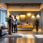 A photograph of a well-lit basement space showcasing a variety of stylish lighting fixtures