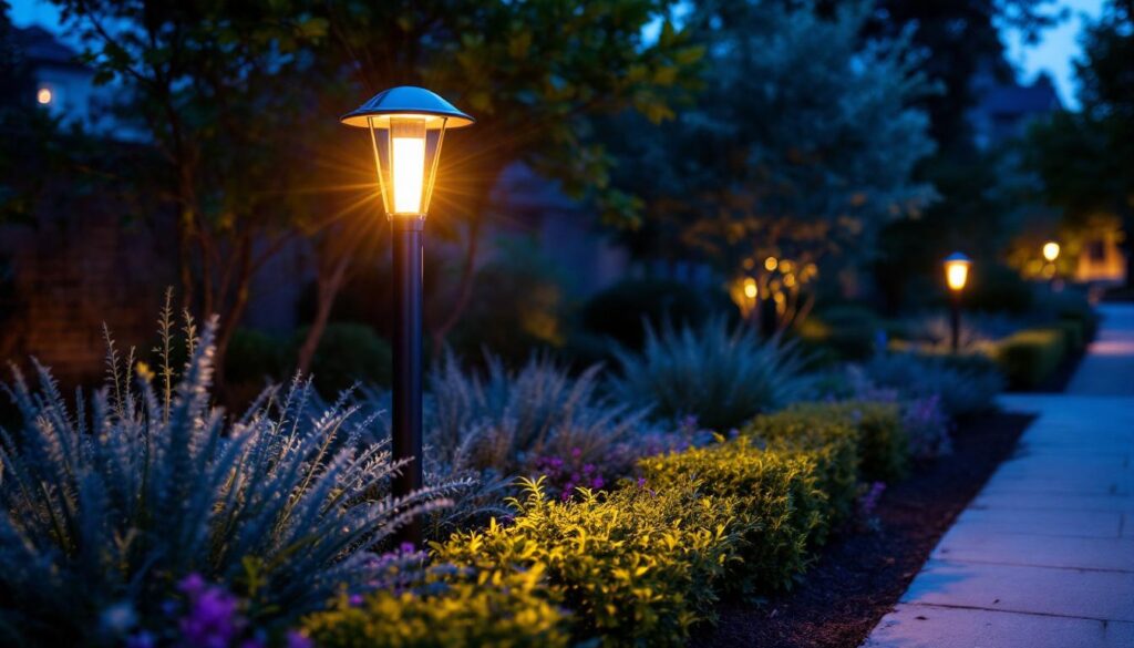 A photograph of a beautifully illuminated outdoor post light installed in a landscaped setting during twilight