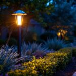 A photograph of a beautifully illuminated outdoor post light installed in a landscaped setting during twilight