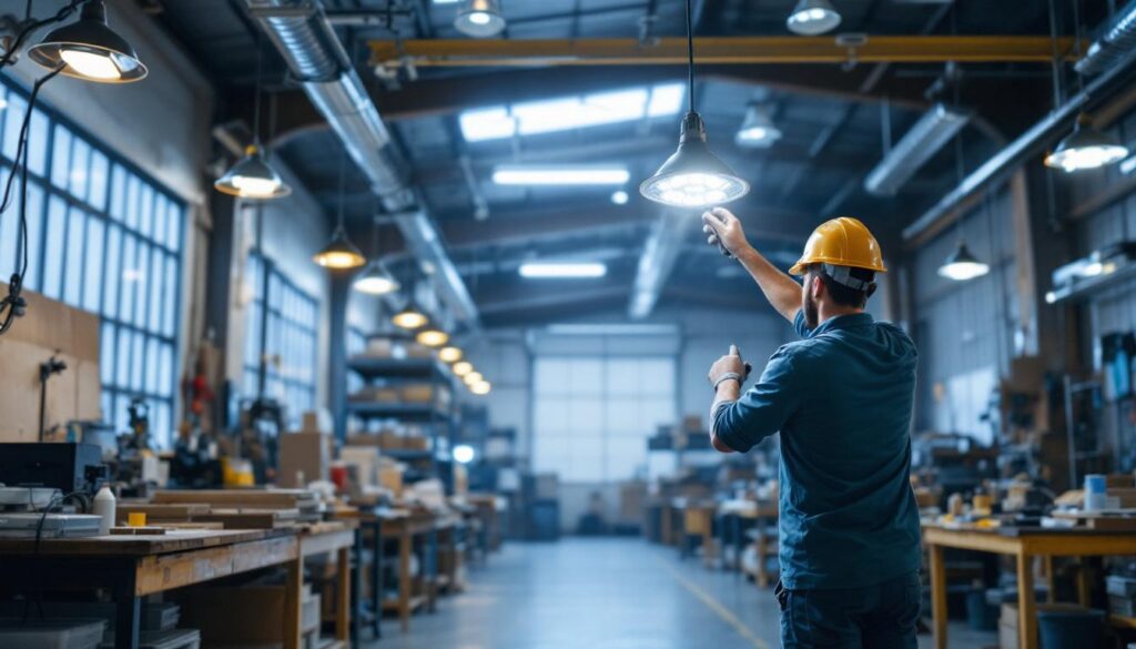A photograph of a well-lit workshop or commercial space showcasing led 8ft shop lights in action