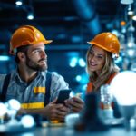 A photograph of a lighting contractor examining a variety of led lamps in a well-lit showroom